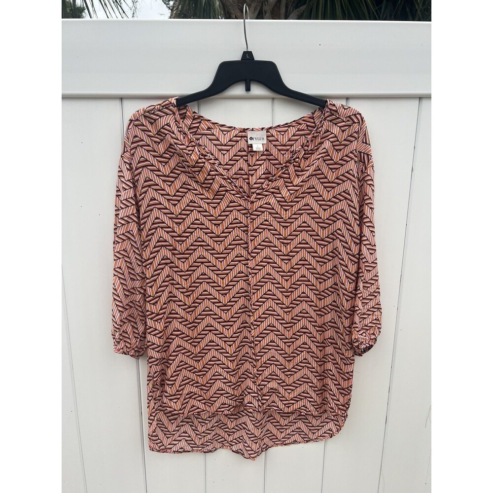Stylus Women Geometric Multicolor 3/4 Sleeve Tunic V Neck Sz Large